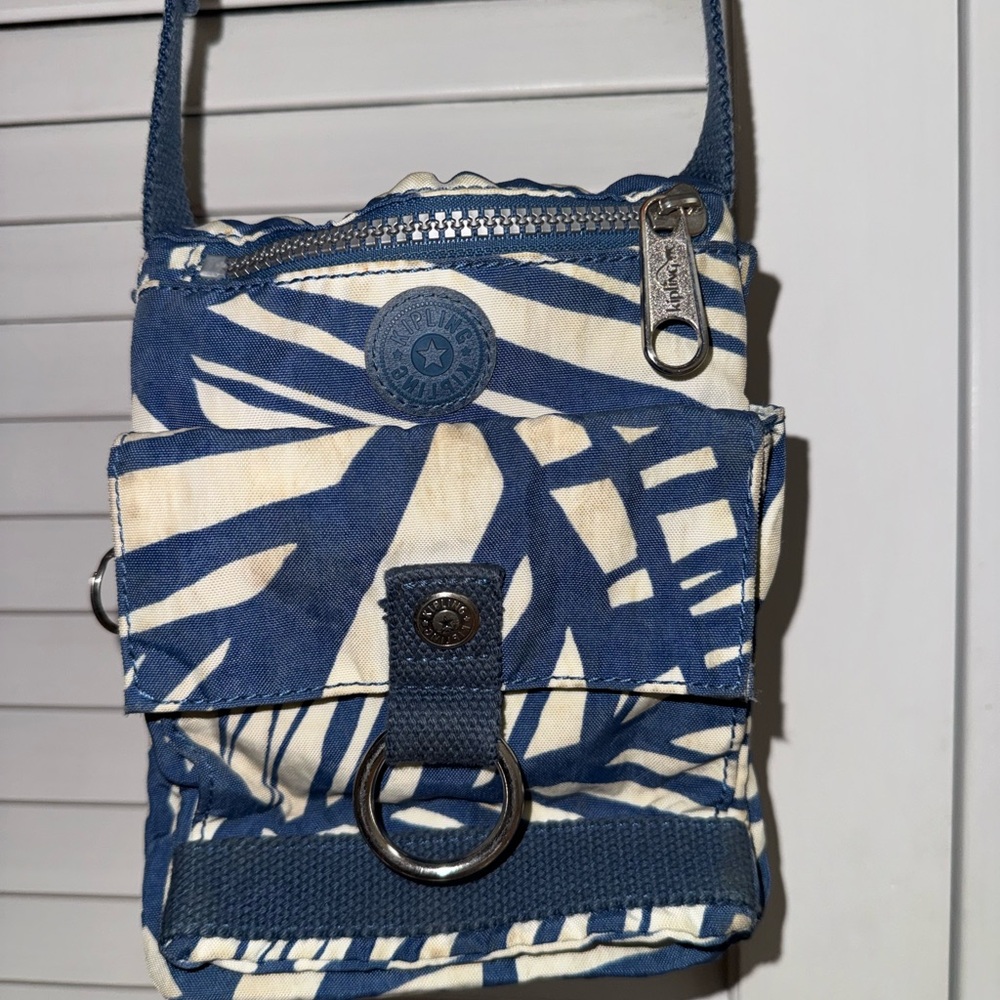 Kipling Blue and White Patterned Canvas Crossbody Bag